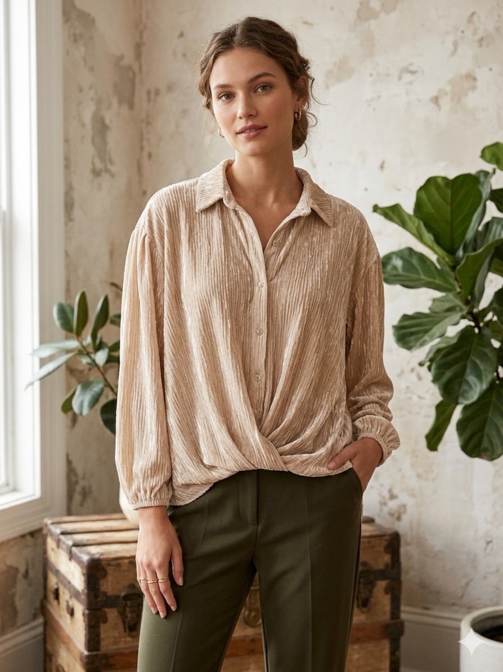 Cato Fashions Metallic Shimmer Plisse Twist Front Blouse XL